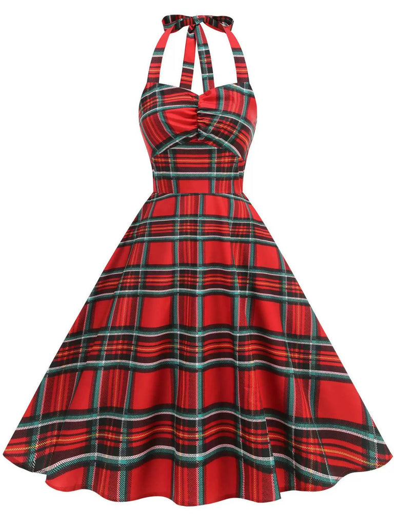 Red 1950s Halter Christmas Plaids Sleeveless Dress