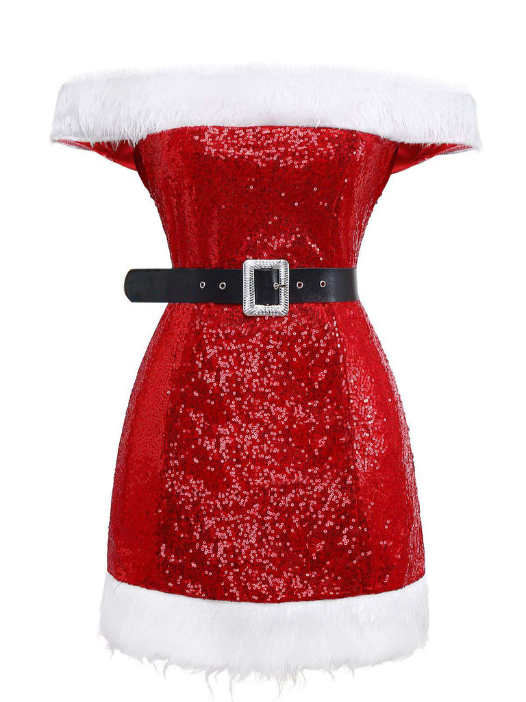 Red 1970s Christmas Sequined Off-Shoulder Plush Trim Dress