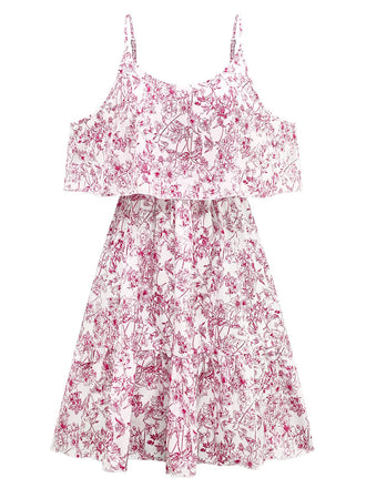 1950s Floral Cold Shoulder Ruffle Dress