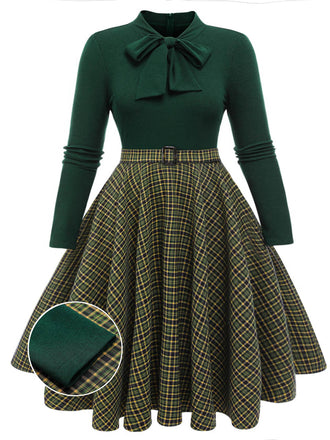 [Plus Size] Dark Green 1950s Plaid Knitting Dress