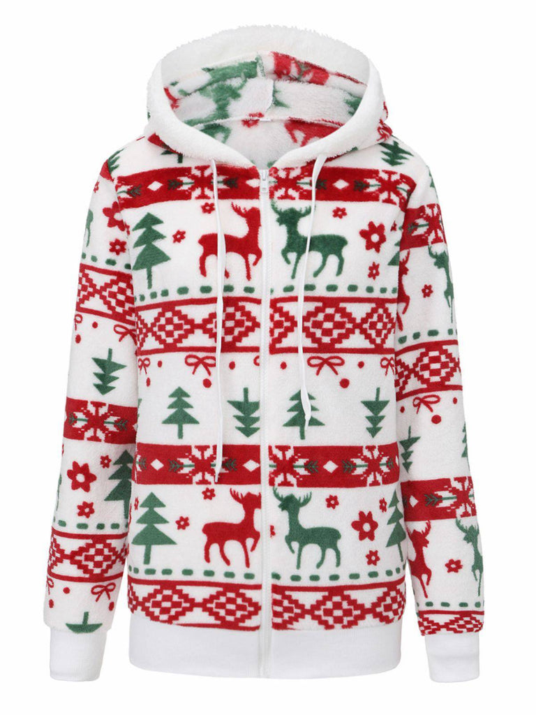 Multicolor 1940s Reindeer & Christmas Tree Plush Hoodie