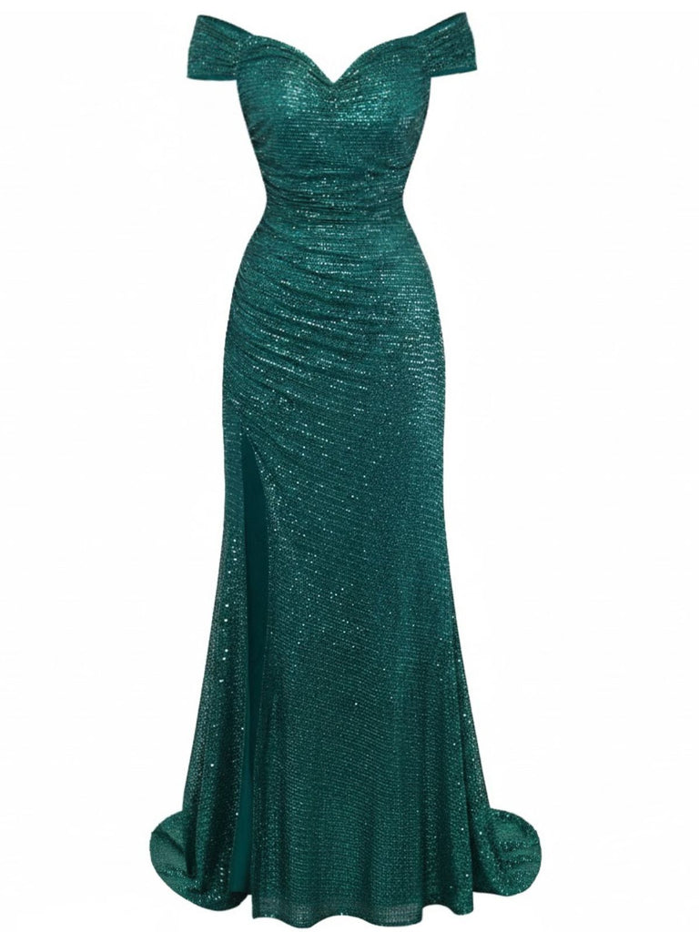 1930s Off-Shoulder Glitter Slit Maxi Dress