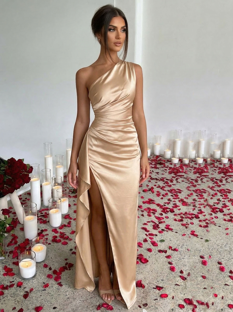 1960s One Shoulder Ruched Slit Satin Dress