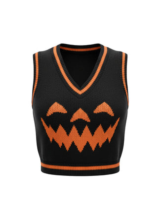 Black 1970s Halloween Pumpkin Face Sweater Vest
