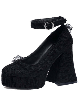 Halloween Floral Lace Punk Chunky Heels