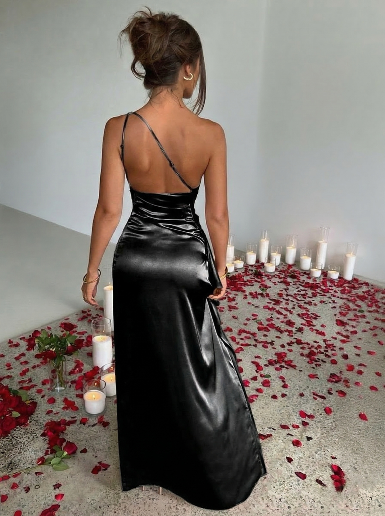 1960s One Shoulder Ruched Slit Satin Dress