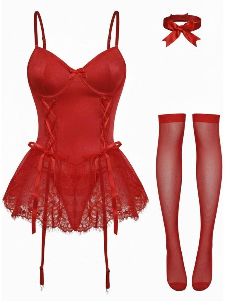 1960s Lace Trimmed Corset Bodysuit Set