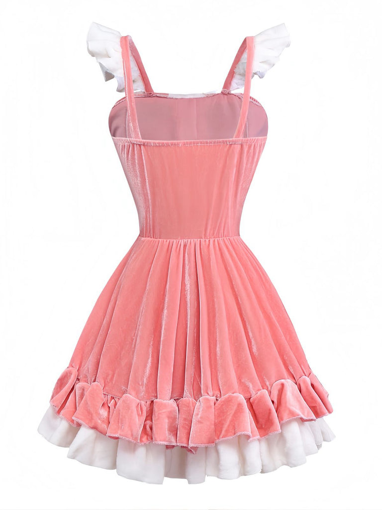 Pink 1970s Christmas Velvet Ruffle Bunny Girl Dress Set