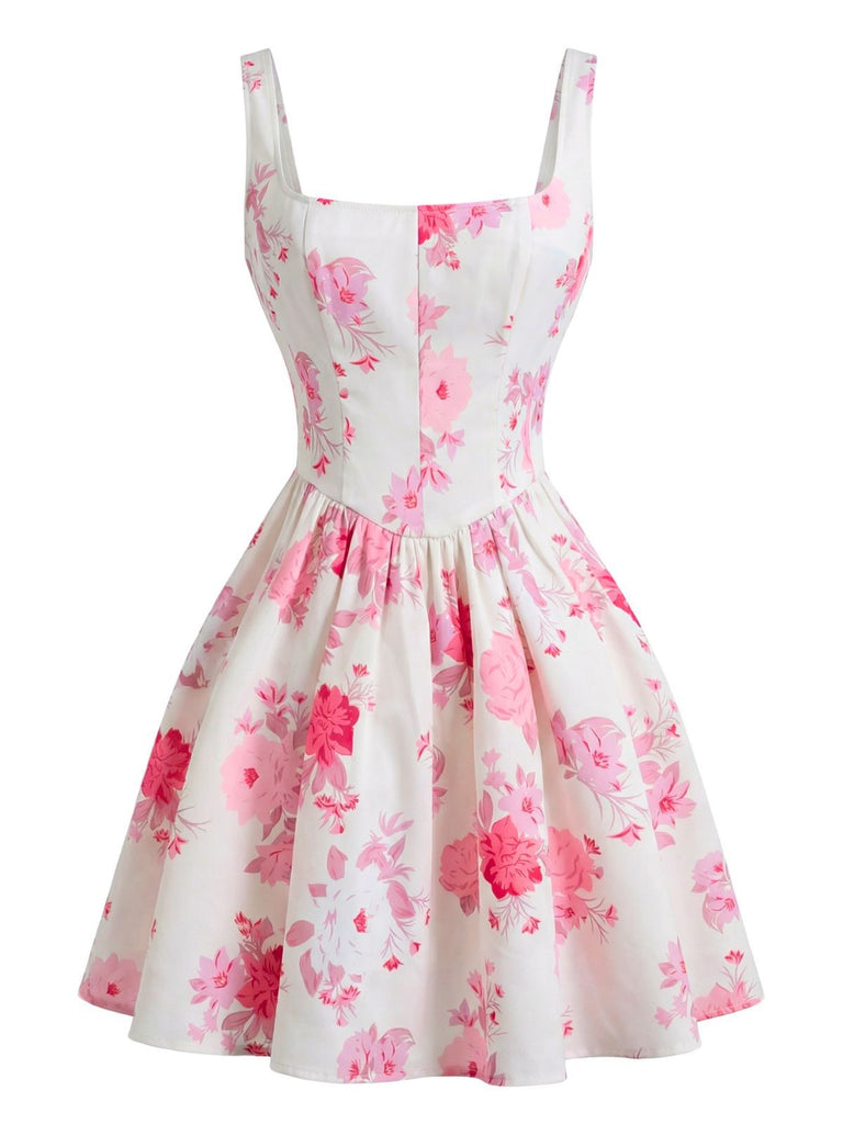 White 1950s Pink Floral Square-Neck Sleeveless Mini Dress