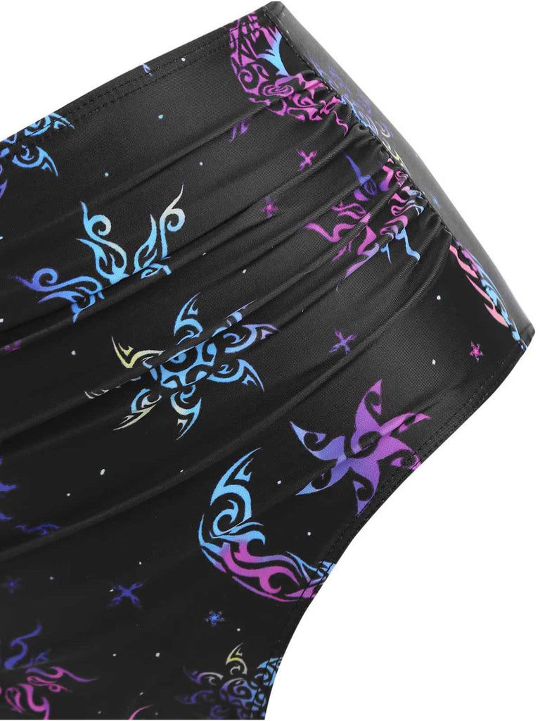 Black 1980s Strap Neon Nebula Print Gothic Bikini