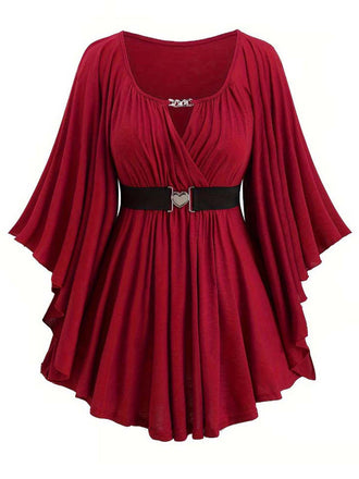 [Plus Size] Deep Red 1970s Batwing Sleeve Ruffled Top