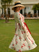 Beige 1950s Floral Half Sleeve Belted Dress