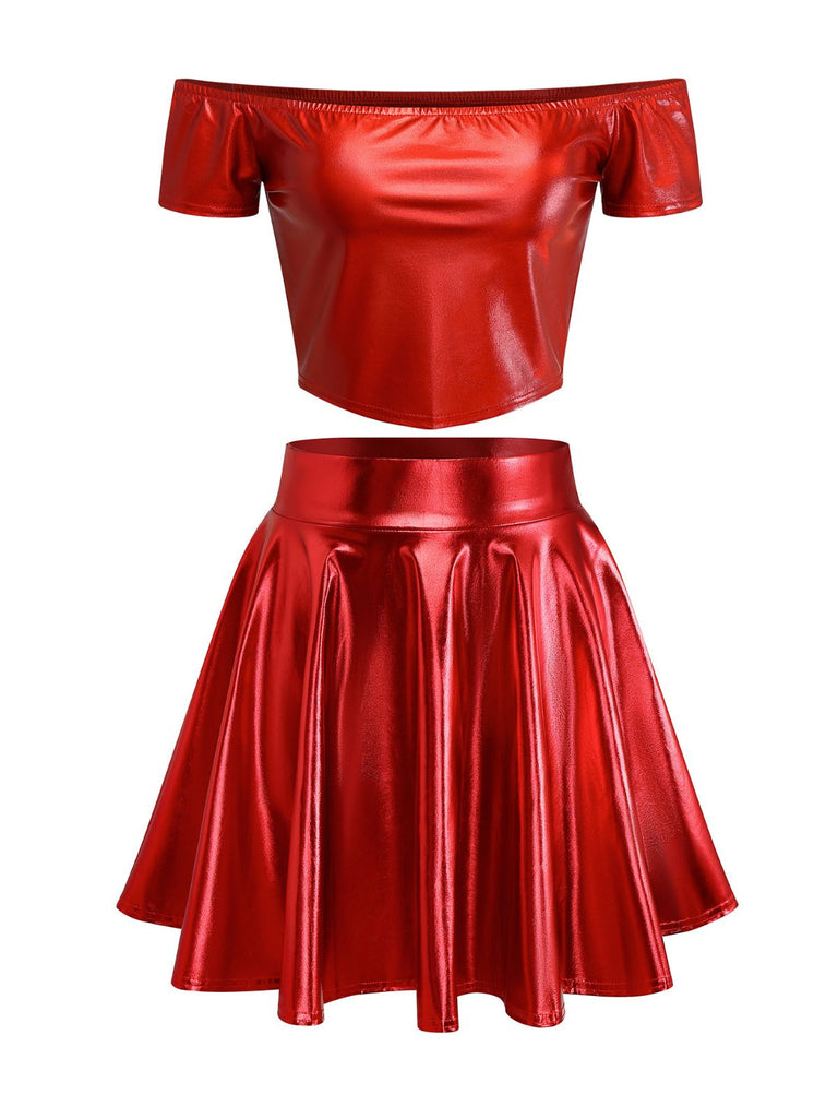 2PCS Metallic 1970 Disco Off-Shoulder Top & Pleated Skirt