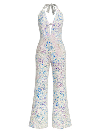 Metallic 1980s Leopard Halter Deep-V Backless Jumpsuit