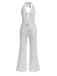Metallic 1980s Leopard Halter Deep-V Backless Jumpsuit
