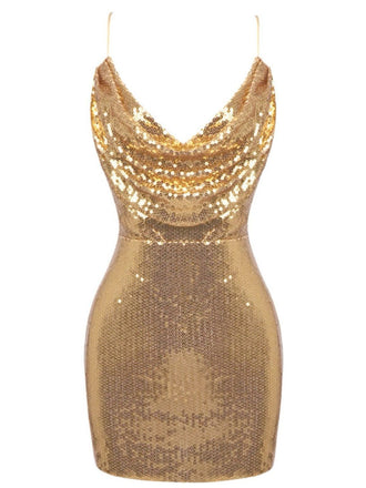 Gold 1970s Solid Sequined Mini Party Dress