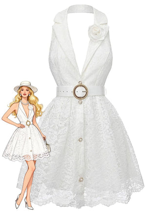 White 1950s Deep V Lace 3D Rose Halter Lapel Dress