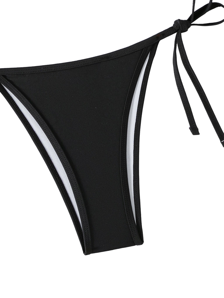 1960s Solid Ruched Halter Lace-Up Bikini Set