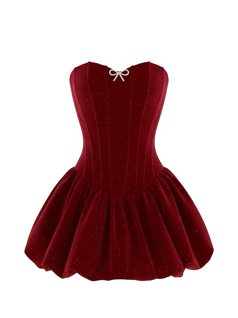 Wine Red 1980s Strapless Sequin Bow Mini Dress