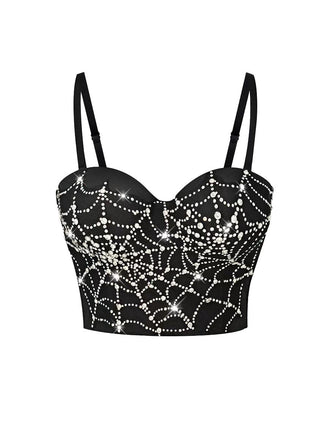 Black 1970s Rhinestone Spider Web Crop Top