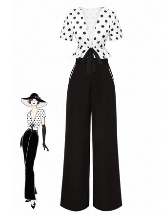 2PCS 1950s Deep V-Neck Polka Dots Top & Straight-Leg Pants