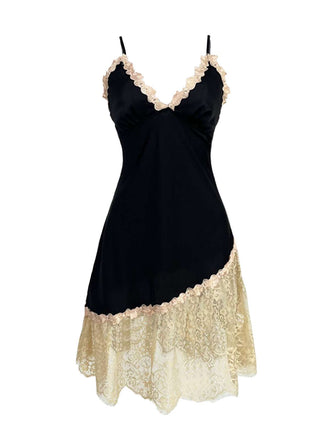Black 1970s Lace Trim Spaghetti Strap Slip Nightgown