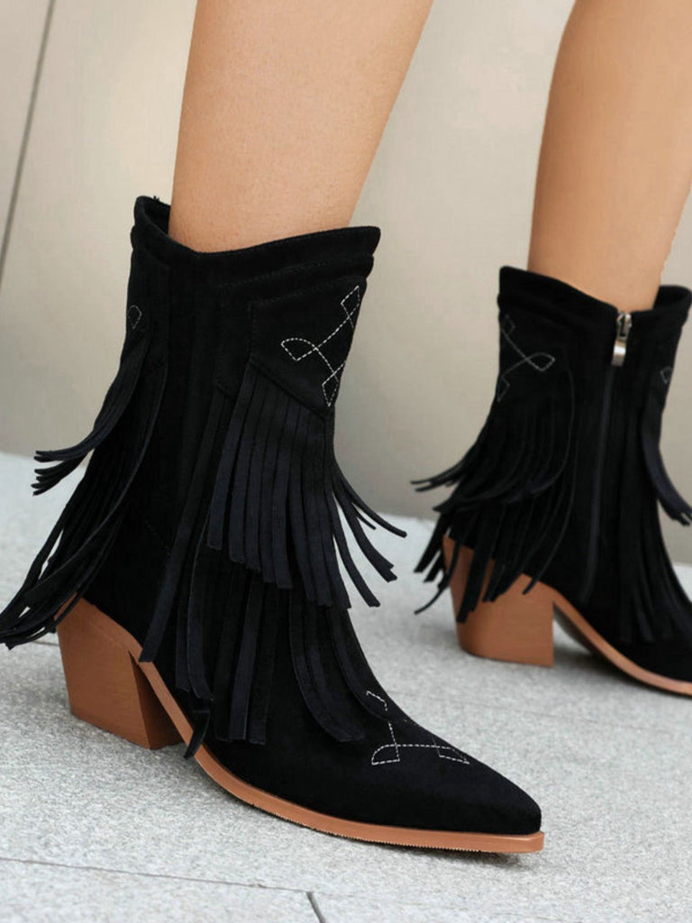 Vintage Tassel Mid Heel Flannelette Boots