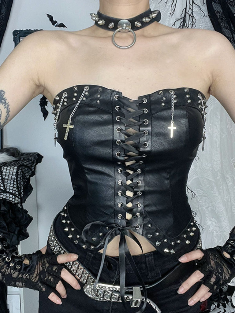 1980s Strapless Punk Leather Lace-Up Studded Top