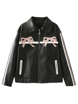 Black 1970s Leather Bow Lapel Jacket