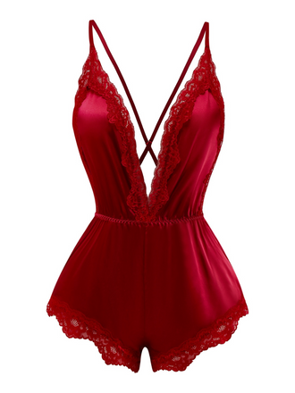 1950s Lace Satin Deep V Backless Sleep Romper