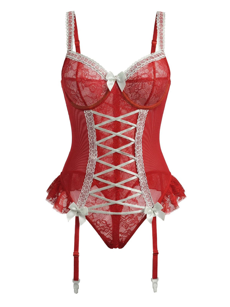 Red 1960s Lace Bow Corset Lingerie With Stocking