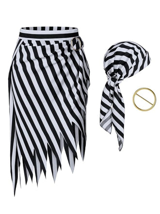 Black&White 1960s Striped Skirt With Headscarf
