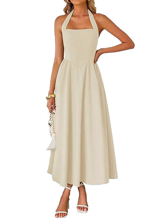 1940s Solid Wide-Strap Halter Backless Dress