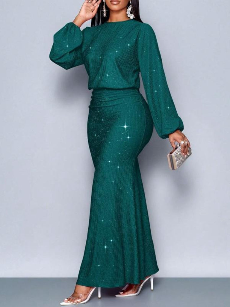 1930s Glitter Ruched Lantern Sleeve Knit Fishtail Dress