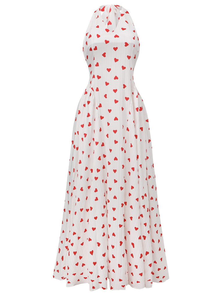 Red 1930s Heart V-Neck Backless Tie Halter Dress