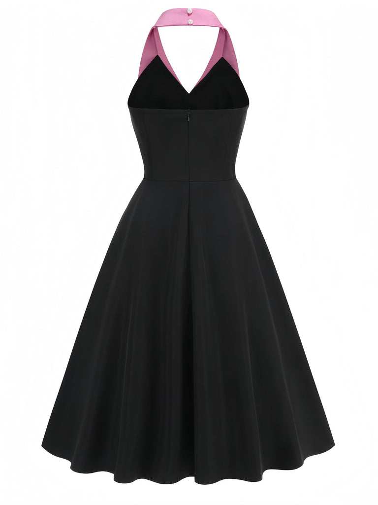 Black 1950s Halter Bow Patchwork A-line Dress