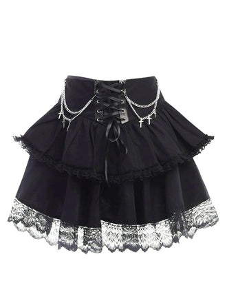 Black 1980s Gothic Chain Cross Lace Layered Skirt