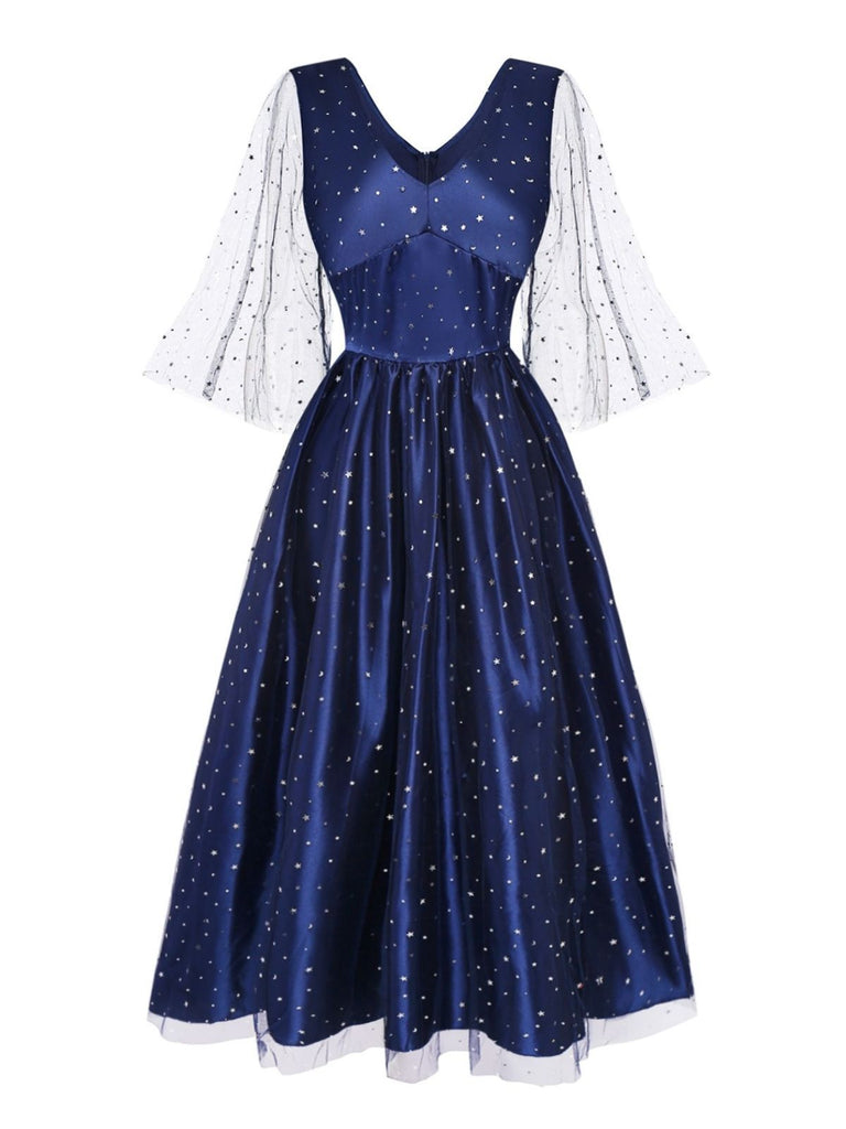 Blue 1970s Halloween Starry Witch Tulle Costume Dress