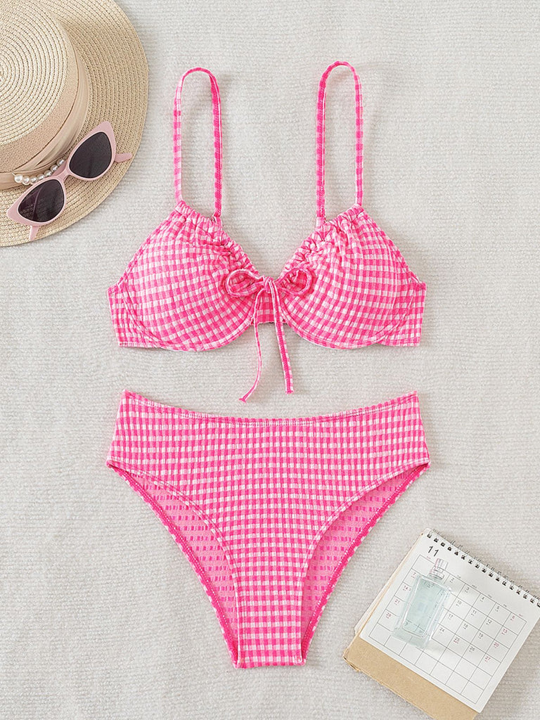 Pink 1950s Plaid Lace-Up Bikini Set