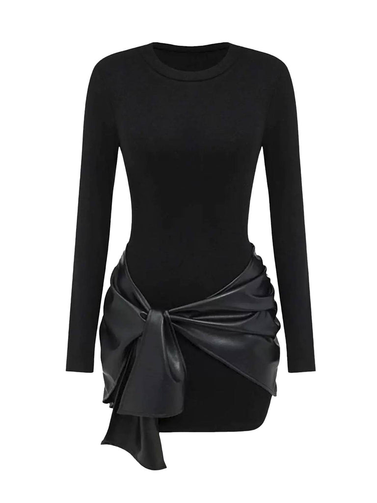 1980s Faux Leather Bow Long Sleeve Dress