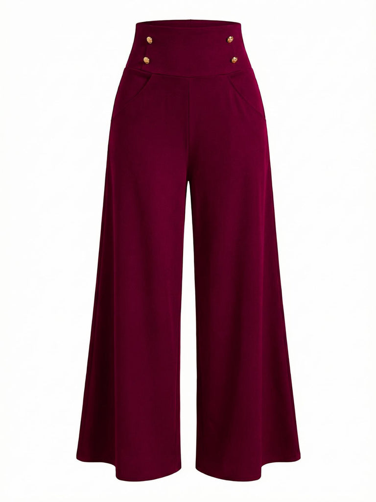 1950s Solid High Waist Double Breasted Wideleg Pants