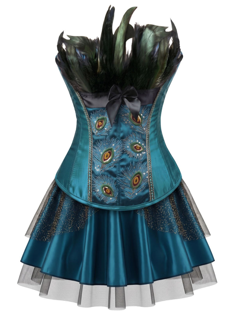 2PCS 1930s Peacock Feather Embroidered Corset & Mesh Pleated Skirt