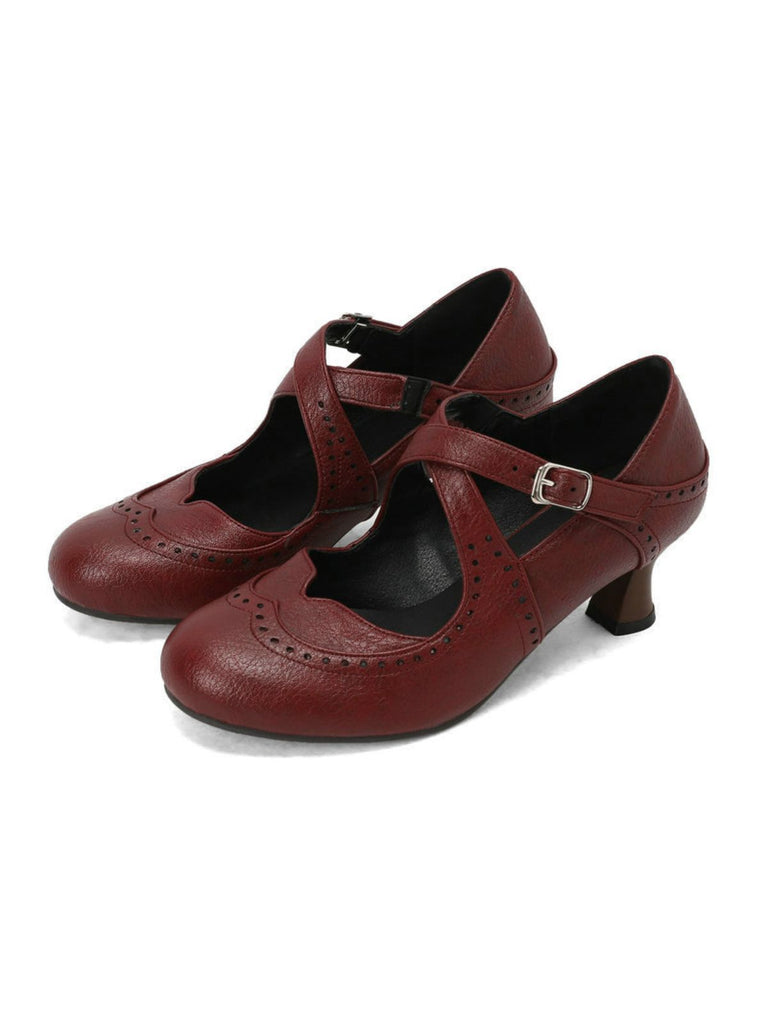 Cross-Strap Perforated Mary Jane Heels