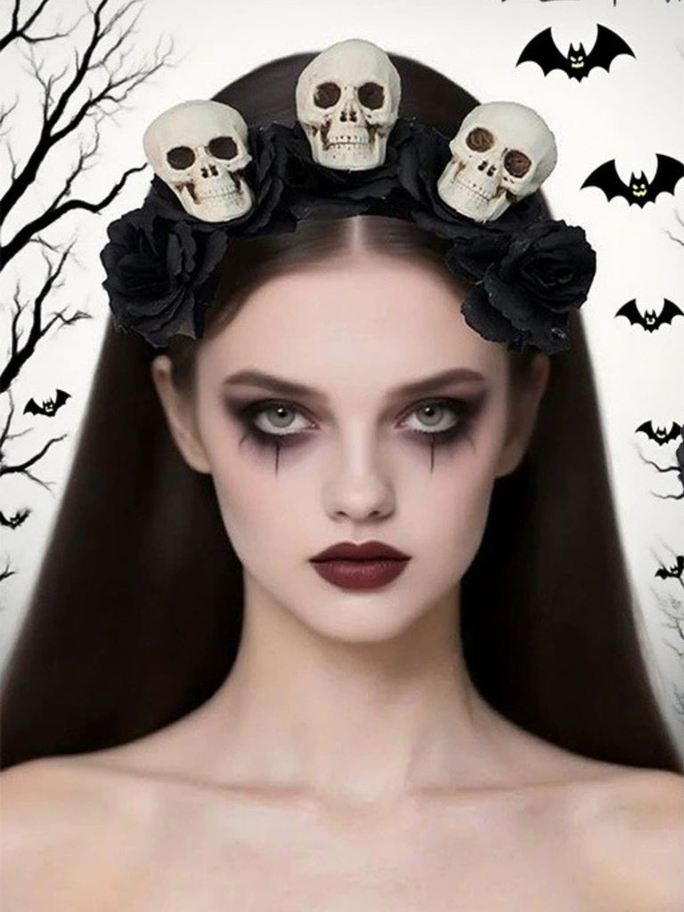 Black Halloween Skull Roses Headband