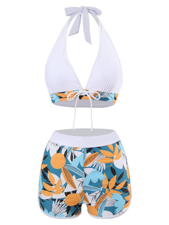 1970s V-Neck Tropical Plants Halter Swimsuit