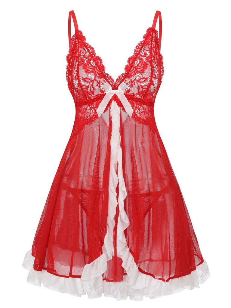 Red 1960s Lace Slip Nightgown Set