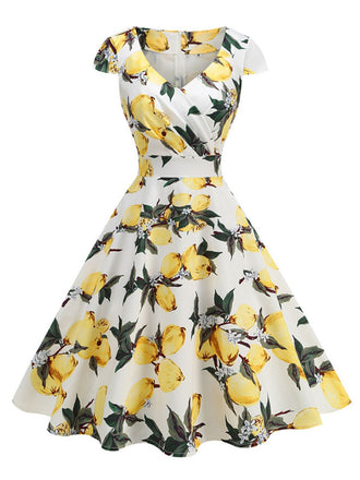 Yellow 1950s Surplice V-Neck Lemon Dress