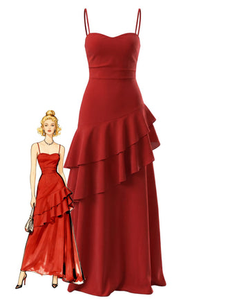 Red 1930s Solid Holiday Ruffle Backless Cami Dress
