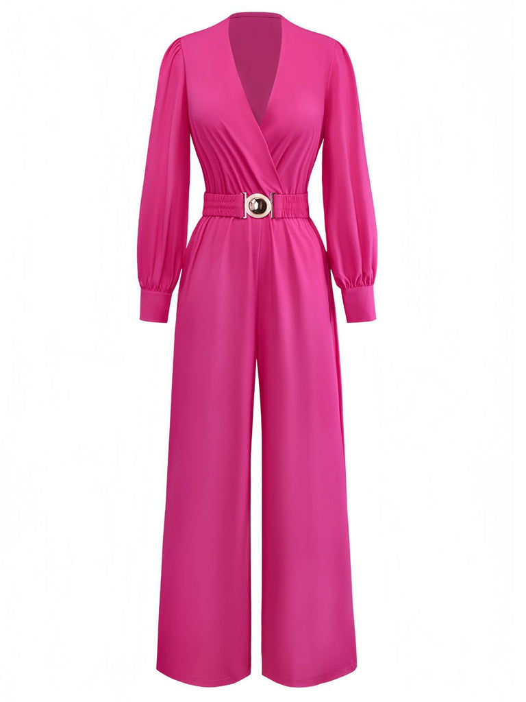Rose Pink 1960s Deep V Belted Lantern Sleeve Solid Jumpsuit
