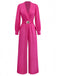 Rose Pink 1960s Deep V Belted Lantern Sleeve Solid Jumpsuit